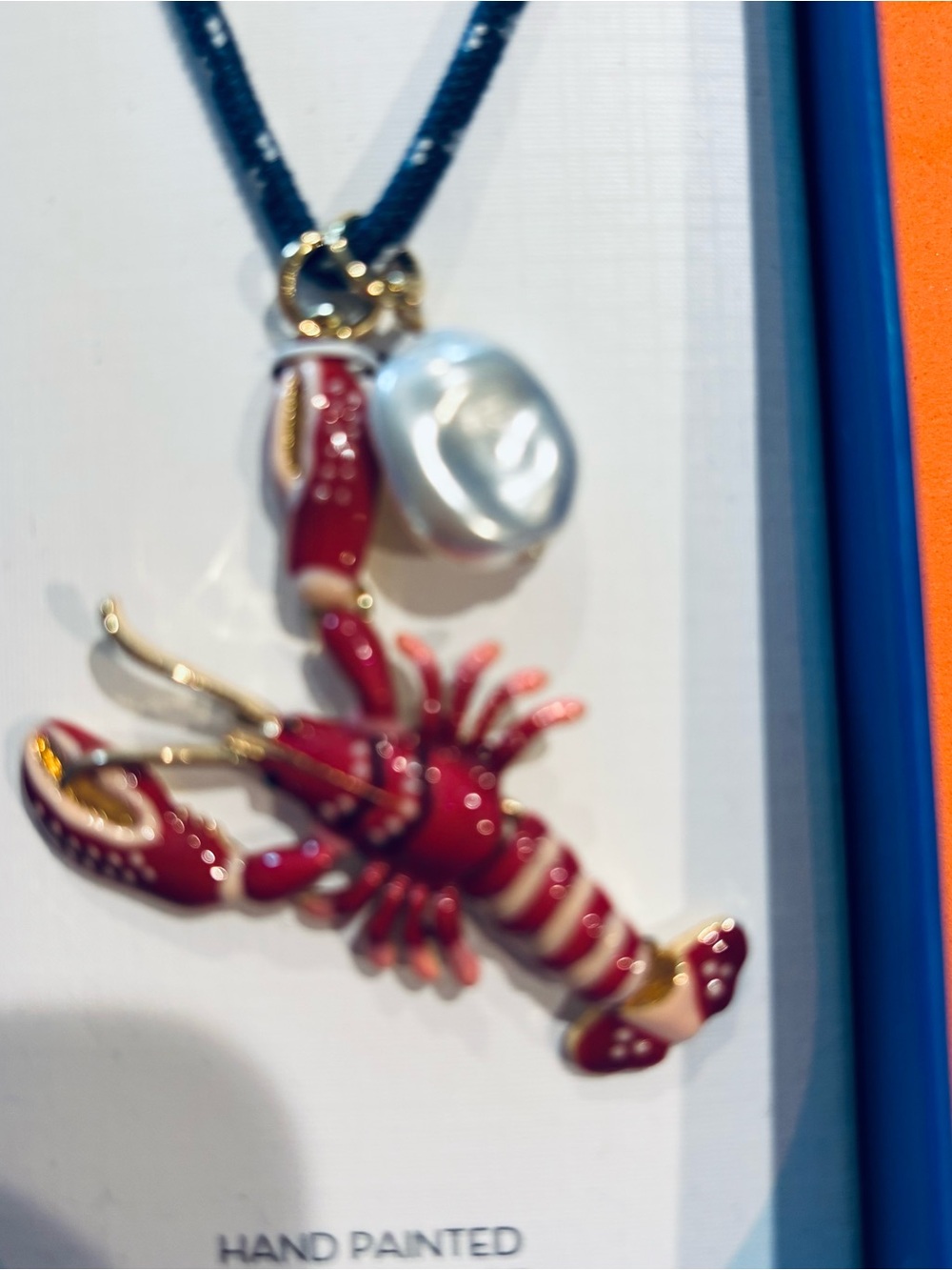 Hand-Painted Red Lobster Pendant Necklace with Pearl Accent
